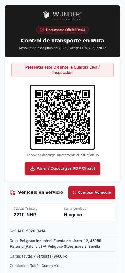 Pantalla del conductor con el código QR del DeCA para la inspección